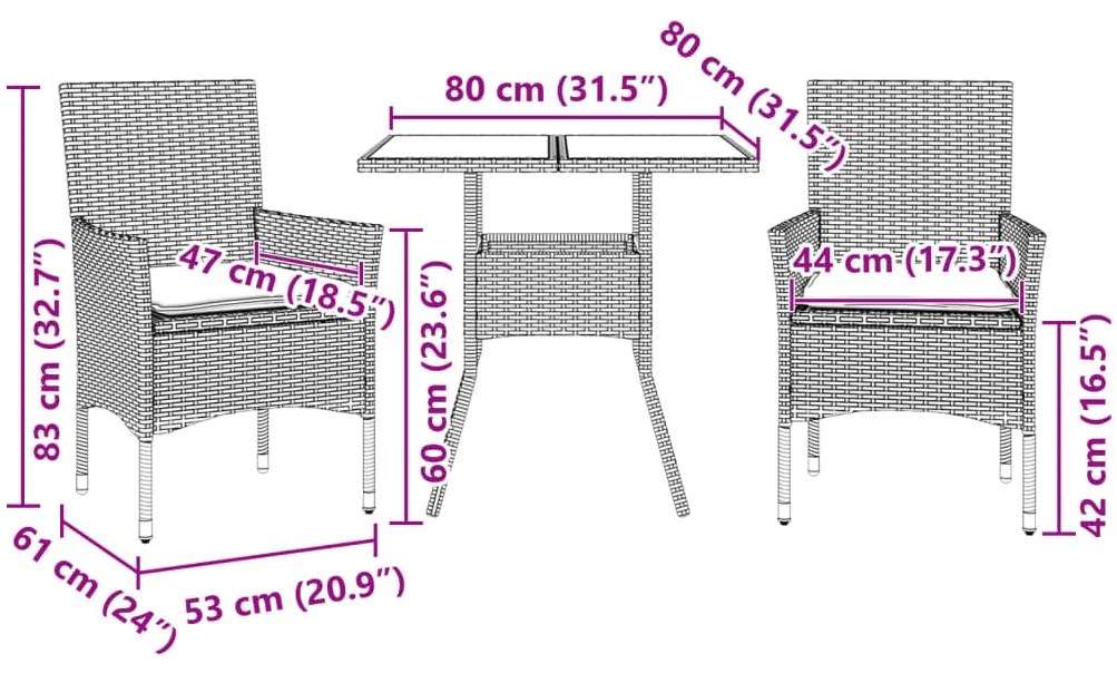 3 pcs conjunto jantar jardim com almofadões vime PE/vidro bege