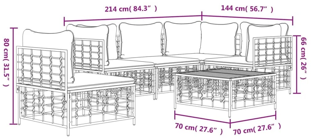 6 pcs conjunto lounge de jardim c/ almofadões vime PE antracite
