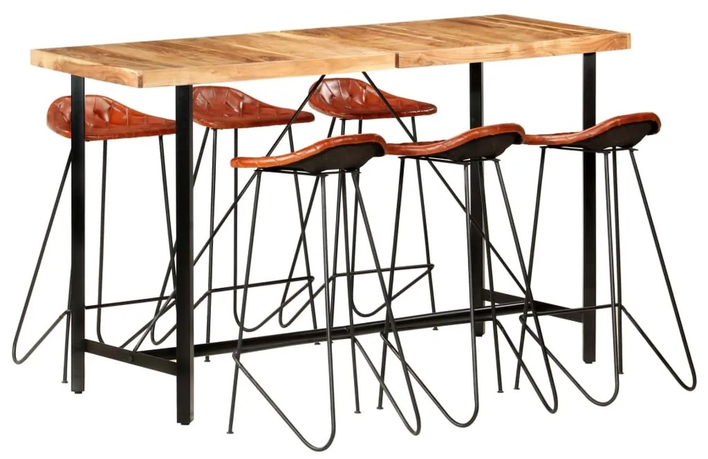 vidaXL 7 pcs conjunto de bar madeira de acácia maciça e couro genuíno