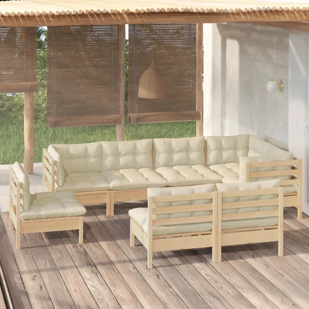 vidaXL 8 pcs conjunto lounge jardim c/ almofadões creme pinho maciço