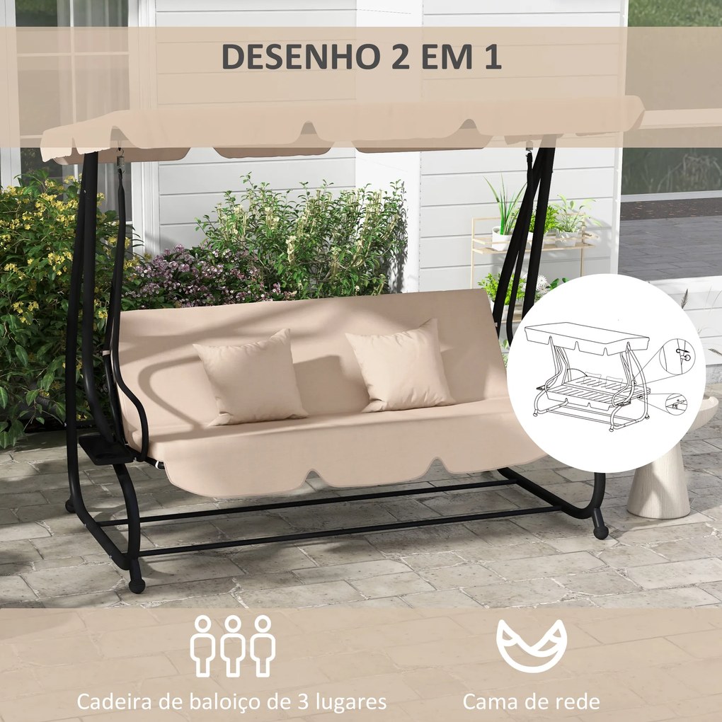 Baloiço de Jardim com 3 Lugares 2 em 1 com Toldo Ajustável Bandejas Laterais e Almofadas p 200x120x164 cm Bege