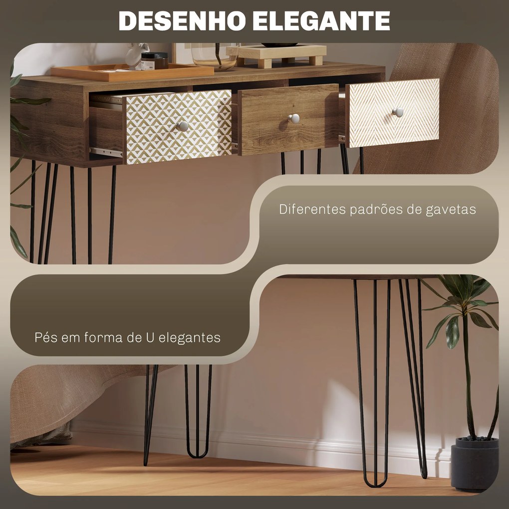 Mesa Consola com 3 Gavetas Consola Estreita para Entrada com Pés de Aço 90x30x75 cm Madeira