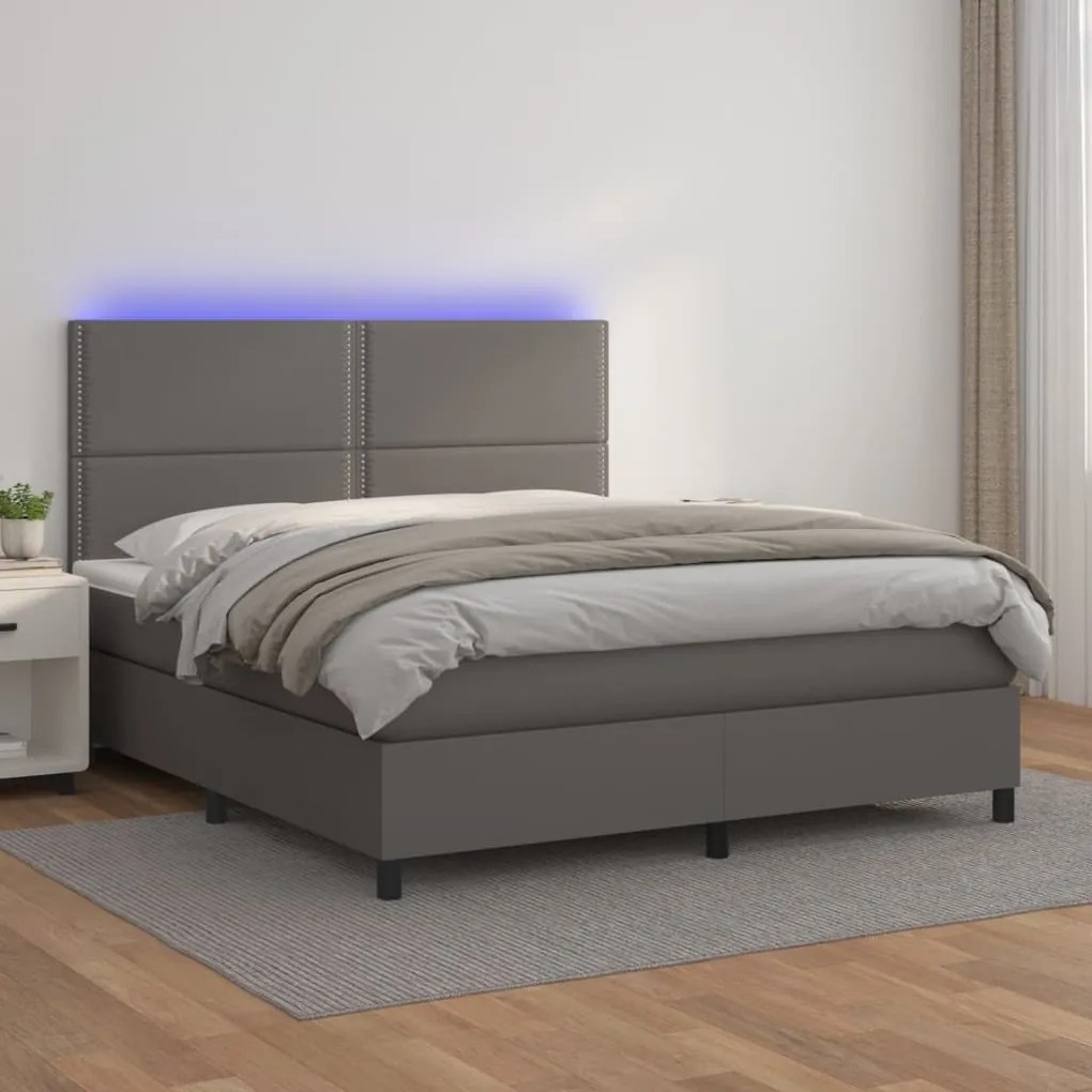 Cama box spring c/ colchão/LED 140x190cm couro artificial cinza