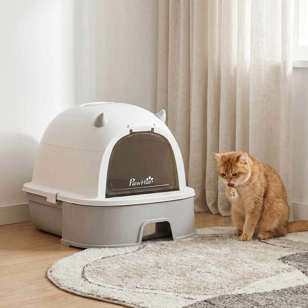 Caixa de Areia para Gatos L com Tampa Superior Removível Tabuleiro em Aço Inoxidável Porta Frontal e Pá Cinza