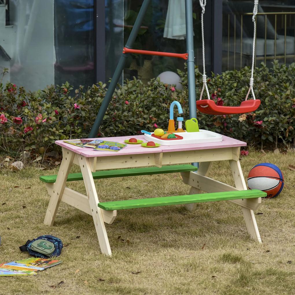 Outsunny Mesa de piquenique de madeira para crianças com jogos e bancos 14 Brinquedos de cozinha Caixa de areia PiaUso ao ar livre 94x89x50,5 cm Multicolor
