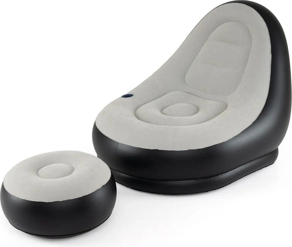 Sofá insuflável com pufe portátil, superfície felpuda e porta-copos integrado Sem bomba, para uso no exterior, interior e acampamento, cinzento + pret