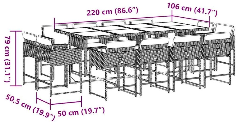 13 pcs conj. jantar jardim c/ almofadões vime PE cinzento-claro