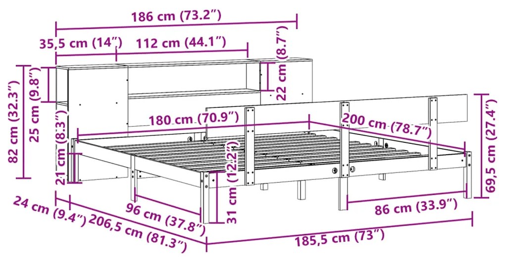 Cama com estante sem colchão 180x200 cm pinho maciço branco