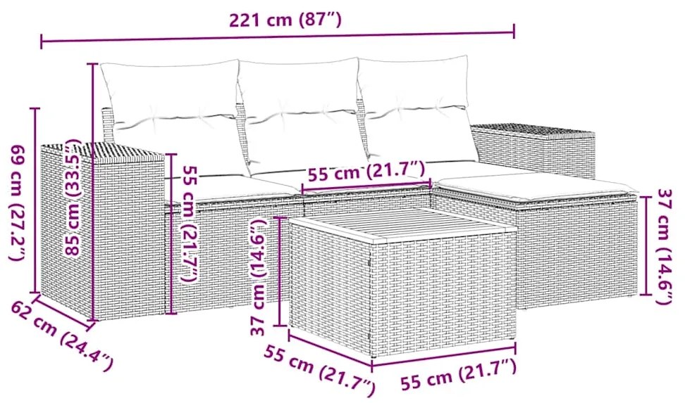 5 pcs conjunto sofás de jardim com almofadões vime PE preto