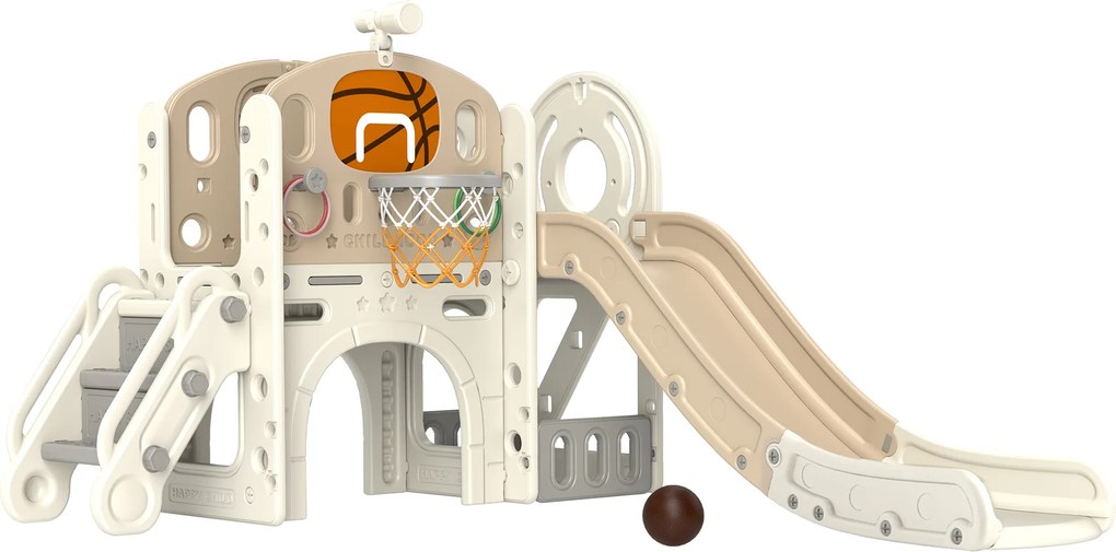 AIYAPLAY Estrutura de brincadeira infantil, escorregador 7 em 1, playground interno com armazenamento e túnel para engatinhar, 186x153x111 cm, creme branco | Aosom Portugal
