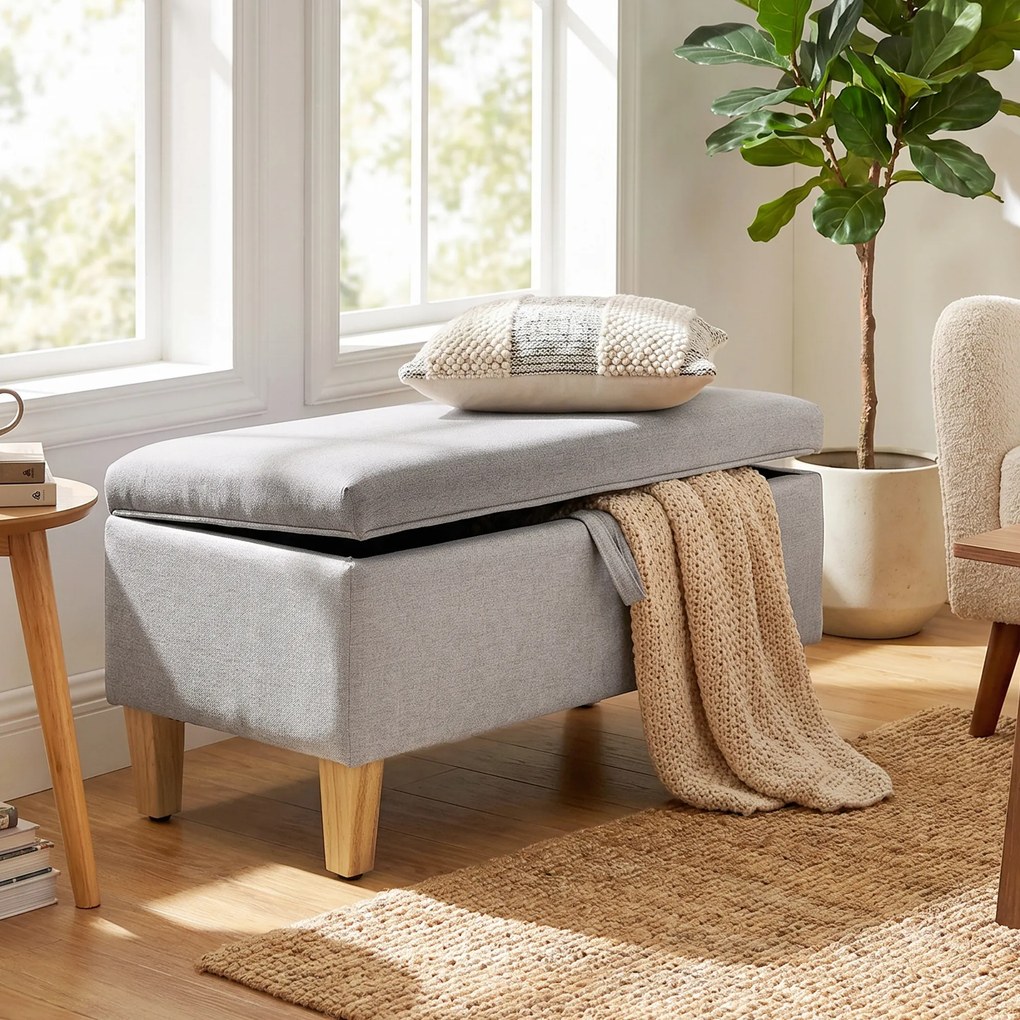 Banco de Arrumação aos Pés da Cama, 71 x 37 x 36 cm, Assento Acolchoado, Cinzento-Claro