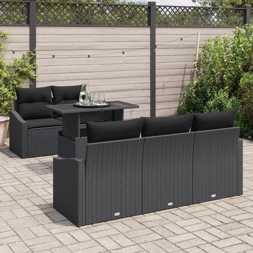 Conjunto de Sofá de Jardim de 6 Peças com Almofadas Preto em Rattan Si