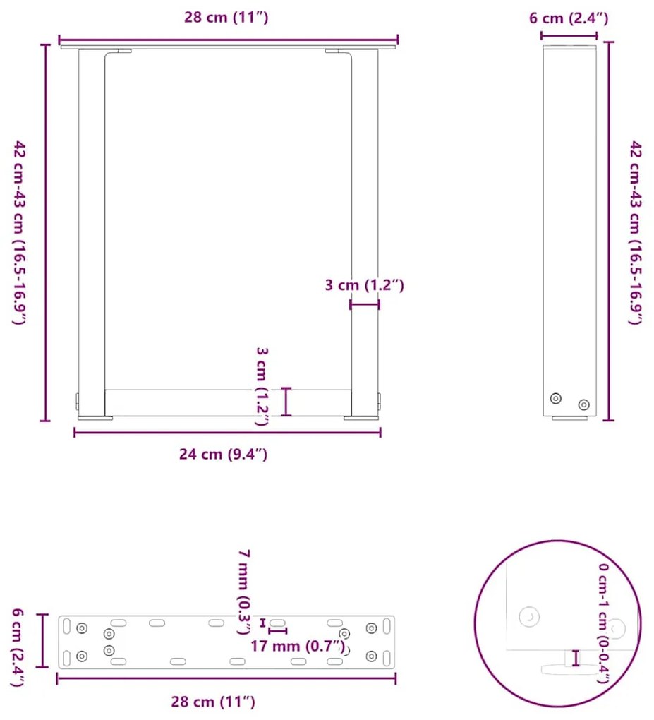 Pés para mesa de centro em formato de U, 2 peças, preto, 28x(42-43) cm