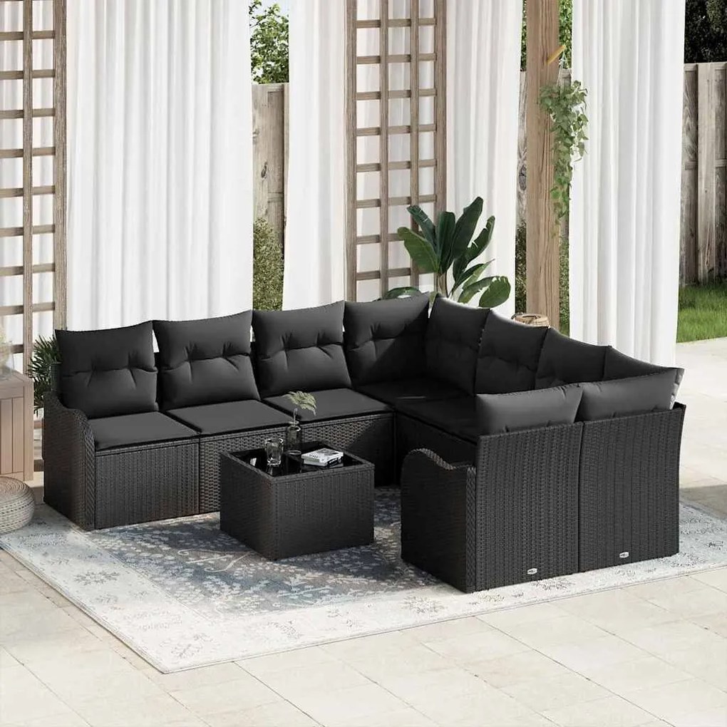 vidaXL Conjunto de Sofá de Jardim com almofada 9 pcs Preto vime PE