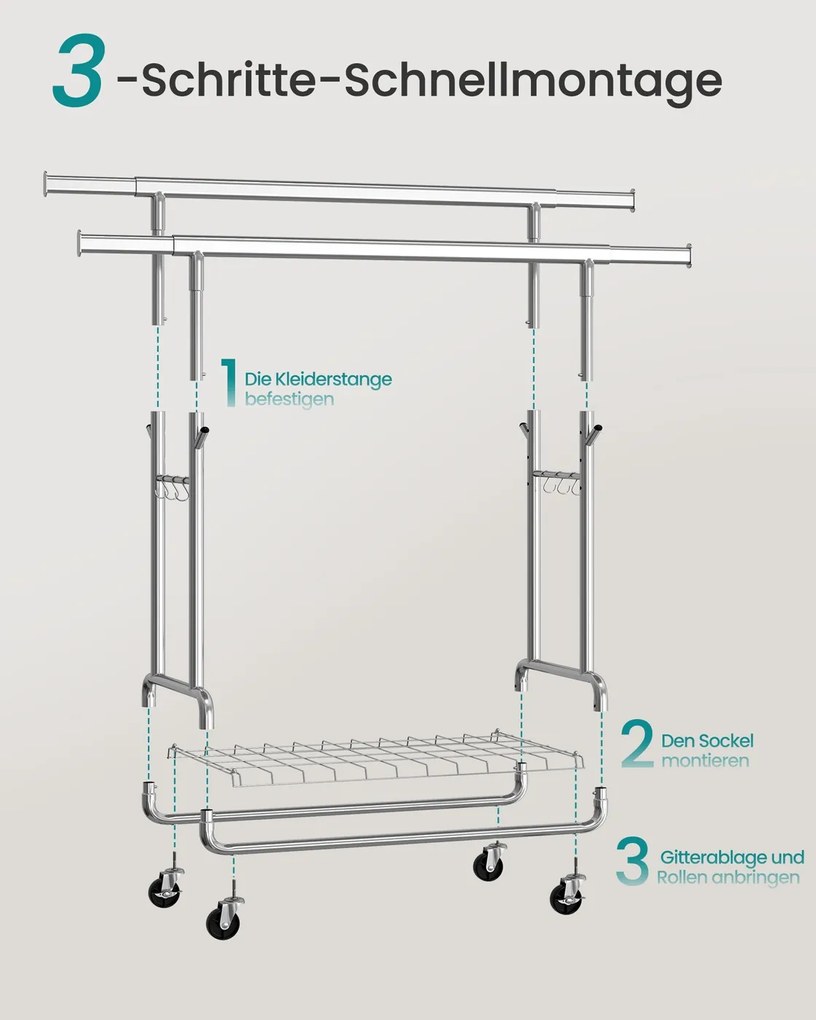 Guarda roupa aberto, cabide ajustavel, com prateleira e ganchos 52,5 x (107-149,8) x (144,2-164,2) prateado