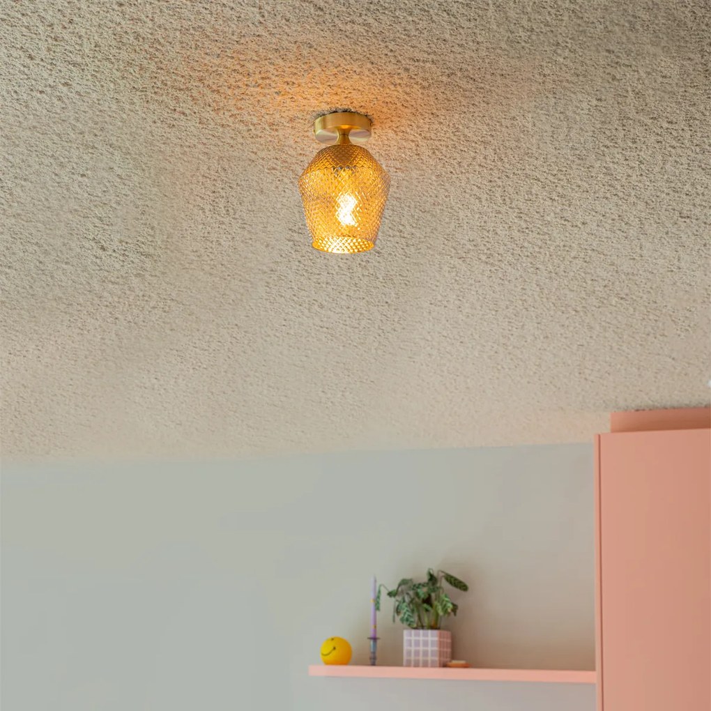 Candeeiro de teto Art Deco latão com vidro fumê - Karce