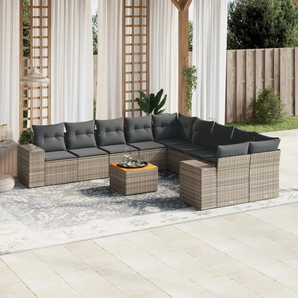 11 pcs conjunto sofás de jardim c/ almofadões vime PE cinzento