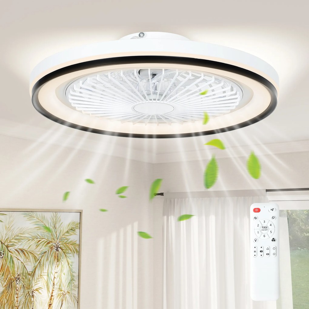 Ventoinha de Teto com Luz LED 48,5 W Motor DC Reversível Silenciosa com Controlo Remoto 6 Velocidades Temporizador Ø48x13 cm Branco