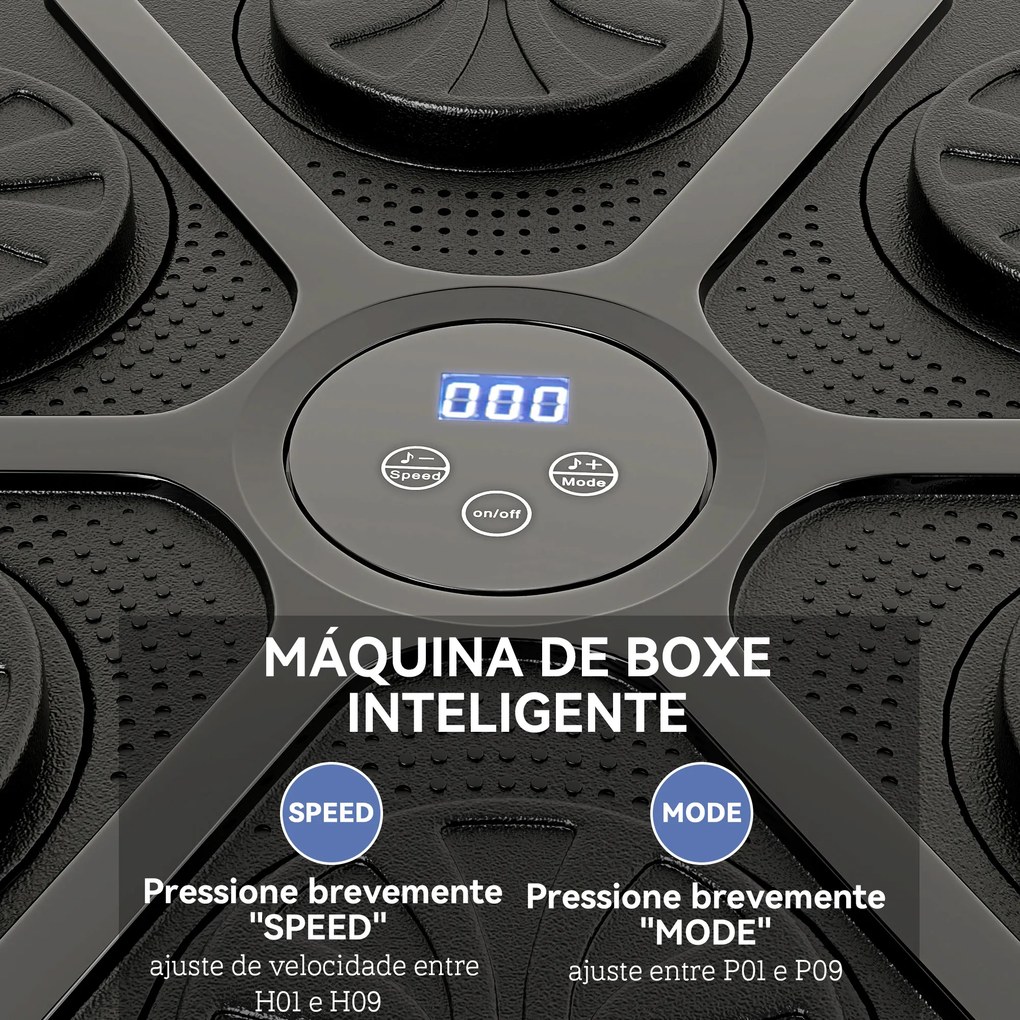 Máquina de Boxe Musical com 9 Modos de Velocidade Luvas e Conexão Bluetooth Luzes LED 41,8x44,6x7,5 cm Preto