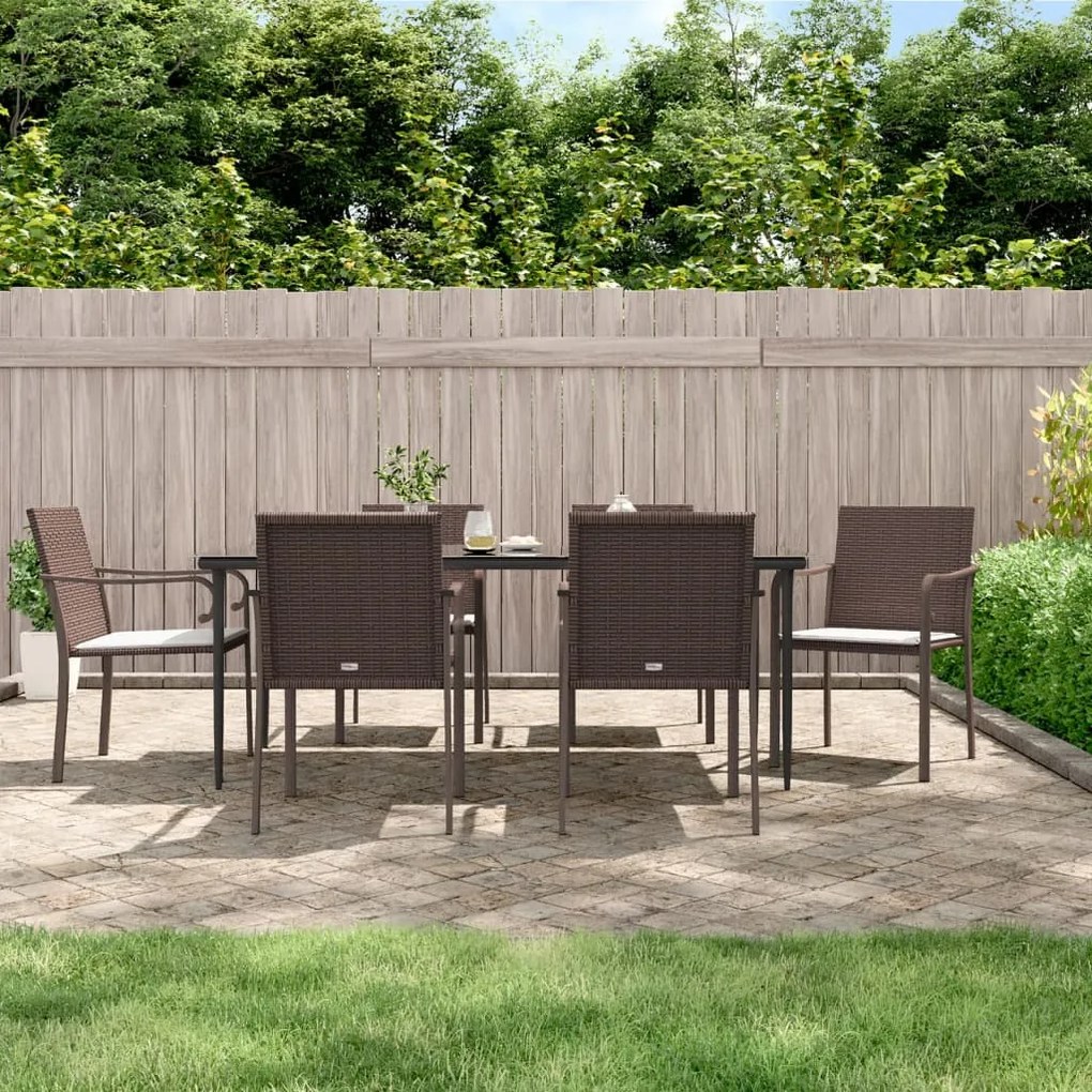 vidaXL 7 pcs conjunto de jantar p/ jardim c/ almofadões vime PE e aço