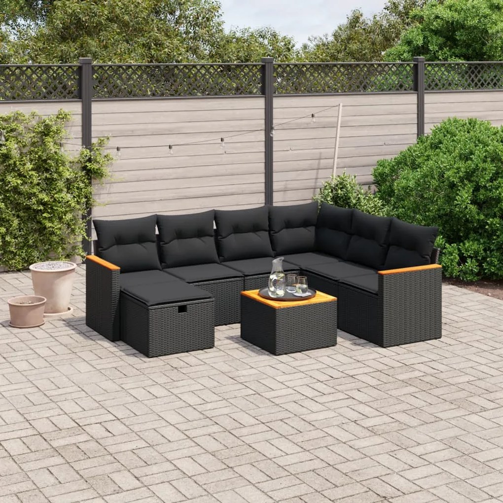 vidaXL 8 pcs conjunto sofás de jardim com almofadões vime PE preto