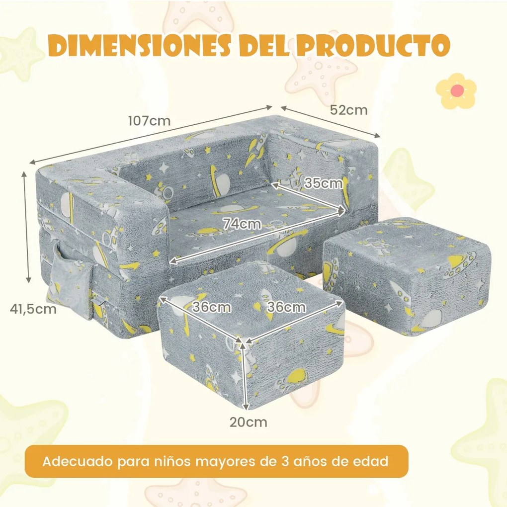 Sofá Infantil com Pufes Sofá Infantil Dobrável e Luminoso com Capa Removível e Lavável para Bebês 107 x 52 x 41,5 cm Cinza