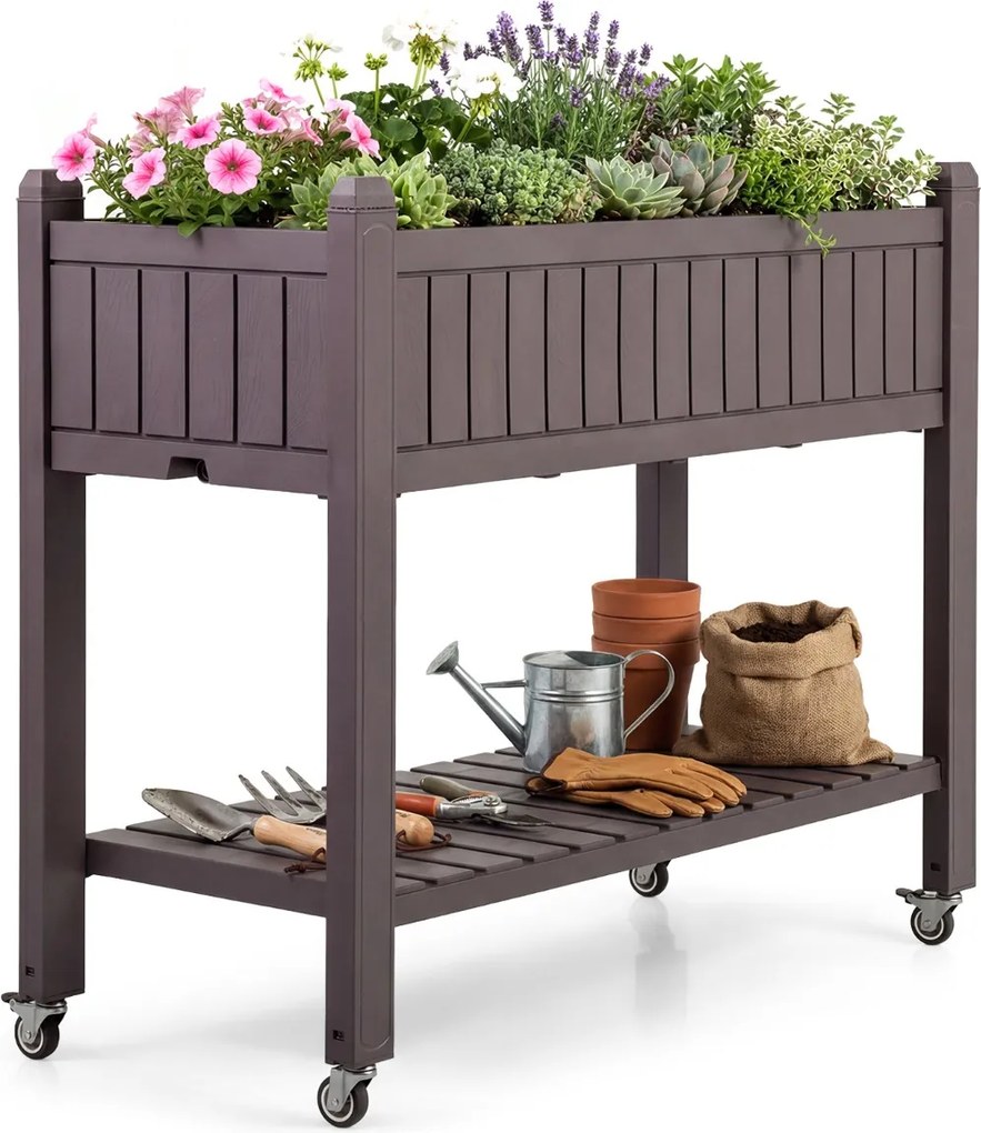Floreira de jardim elevada Plastico 108 x 44 x 88,5 cm com rodas divisível com monitor de água, orifício de drenagem, prateleira para legumes e ervas,
