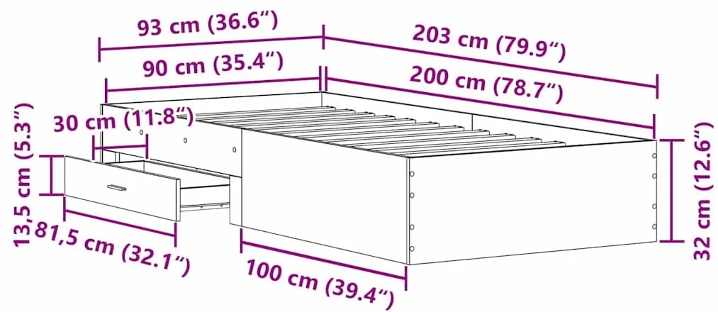Cama vidaXL Artisan Carvalho 90x200 cm Madeira Engenheirada