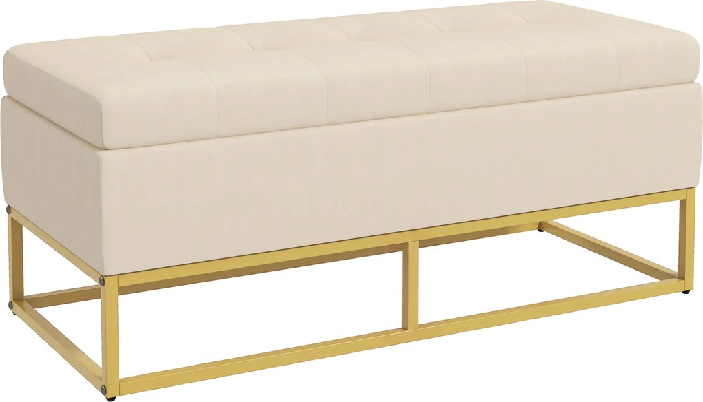 HOMCOM Banco de Armazenamento Botões decorativos Aparência de Pelúcia Pés de Aço Dourados 110x47x46,5 cm | Aosom Portugal