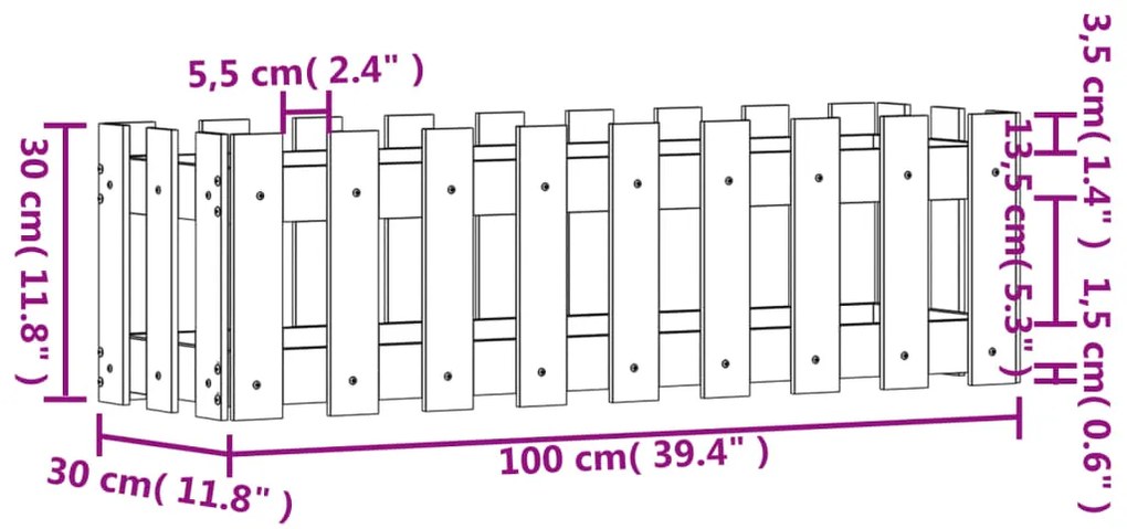 Canteiro elevado c/ design de cerca 100x30x30 cm pinho maciço