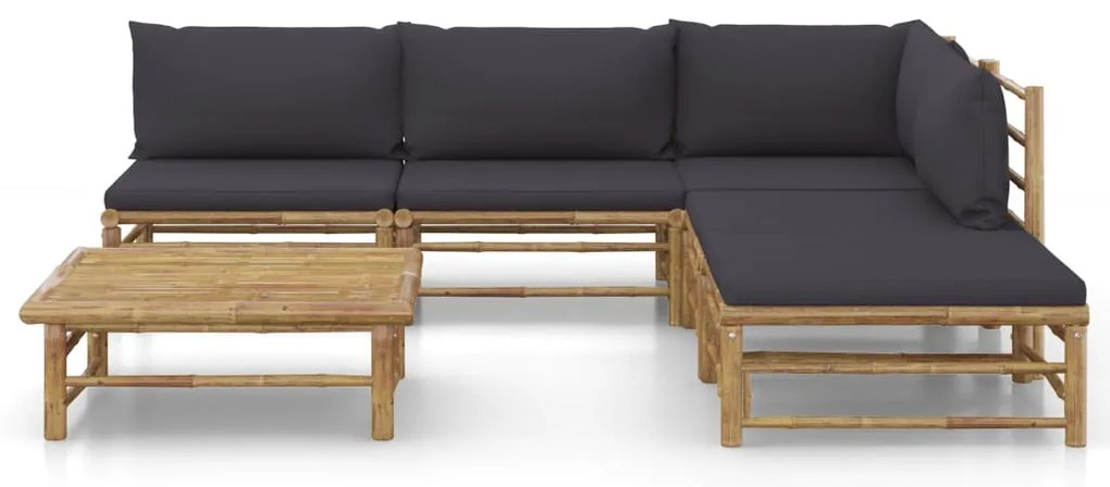 6 pcs conj. lounge jardim em bambu c/ almofadões cinza-escuro