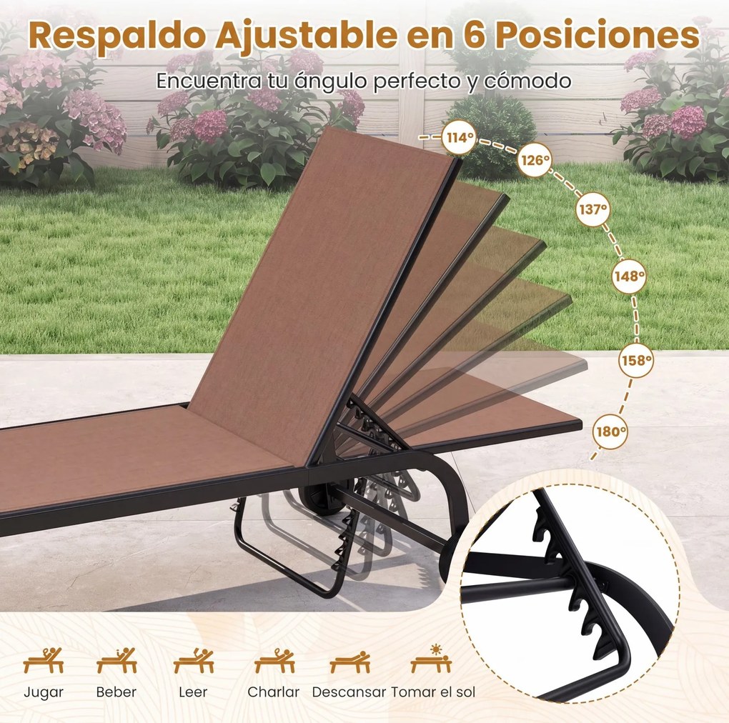 Espreguiçadeira de Jardim, 169 x 69 cm, Encosto Ajustável em 6 Posições, Castanho