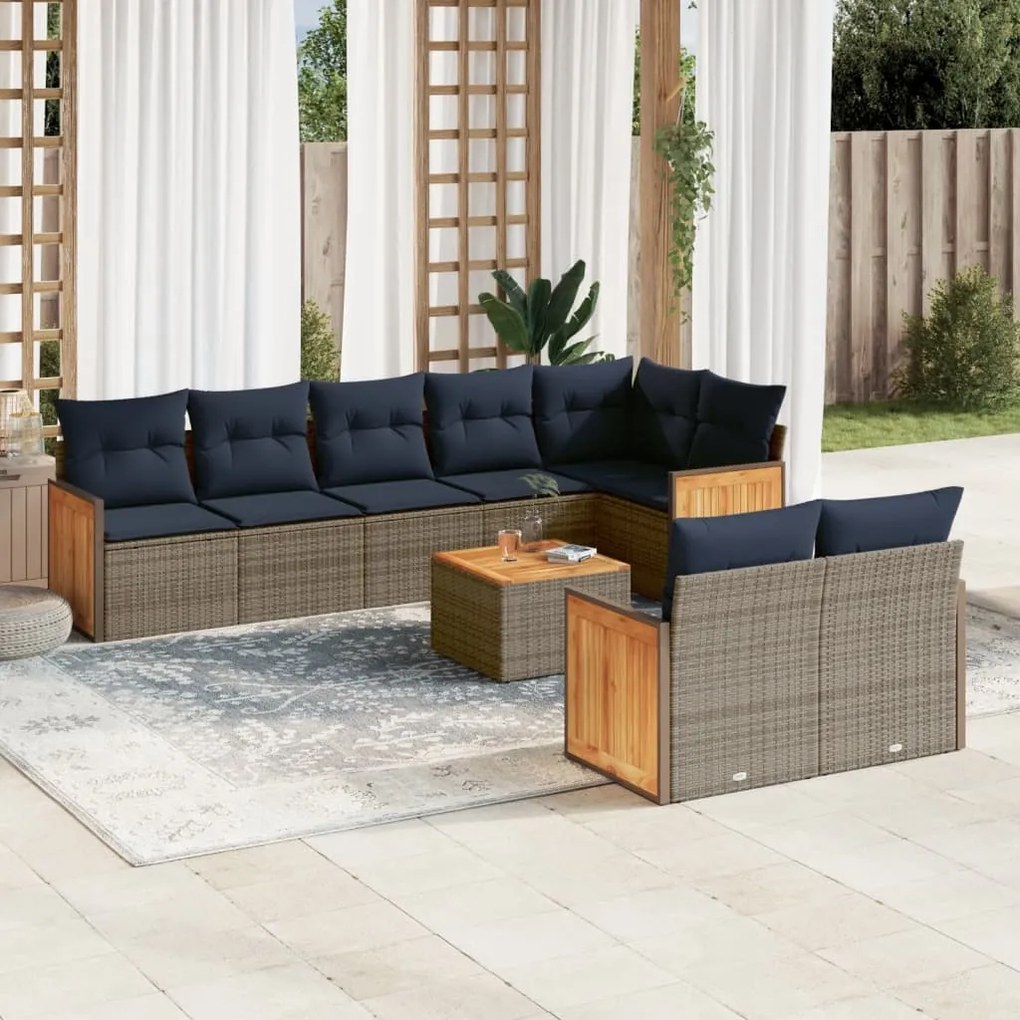 vidaXL 9 pcs conjunto sofás p/ jardim c/ almofadões vime PE cinzento