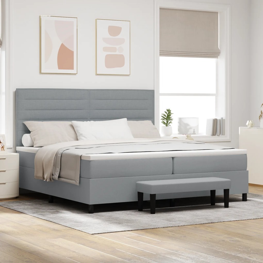 vidaXL Cama Box Spring com Colchão e Banco Cinza Claro 200x200 cm Tecido