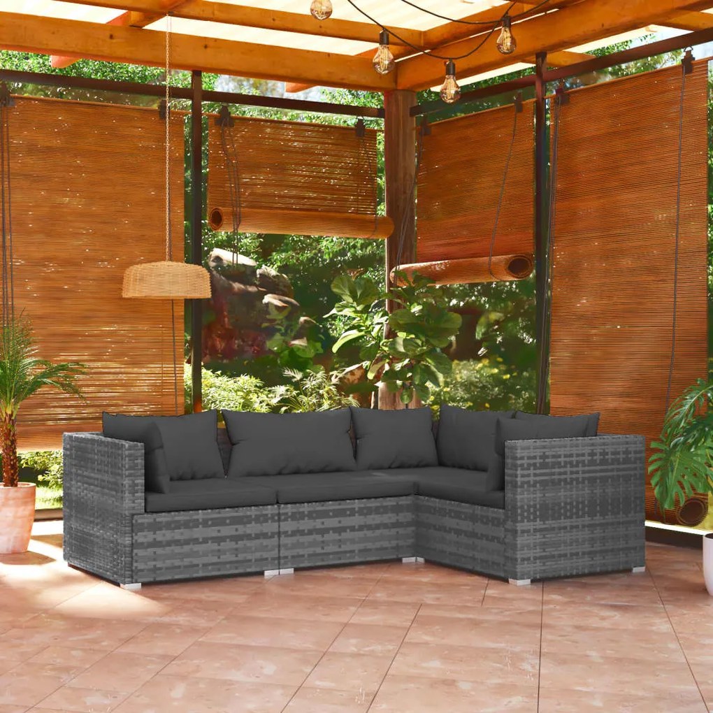 4 pcs conjunto lounge de jardim c/ almofadões vime PE cinzento