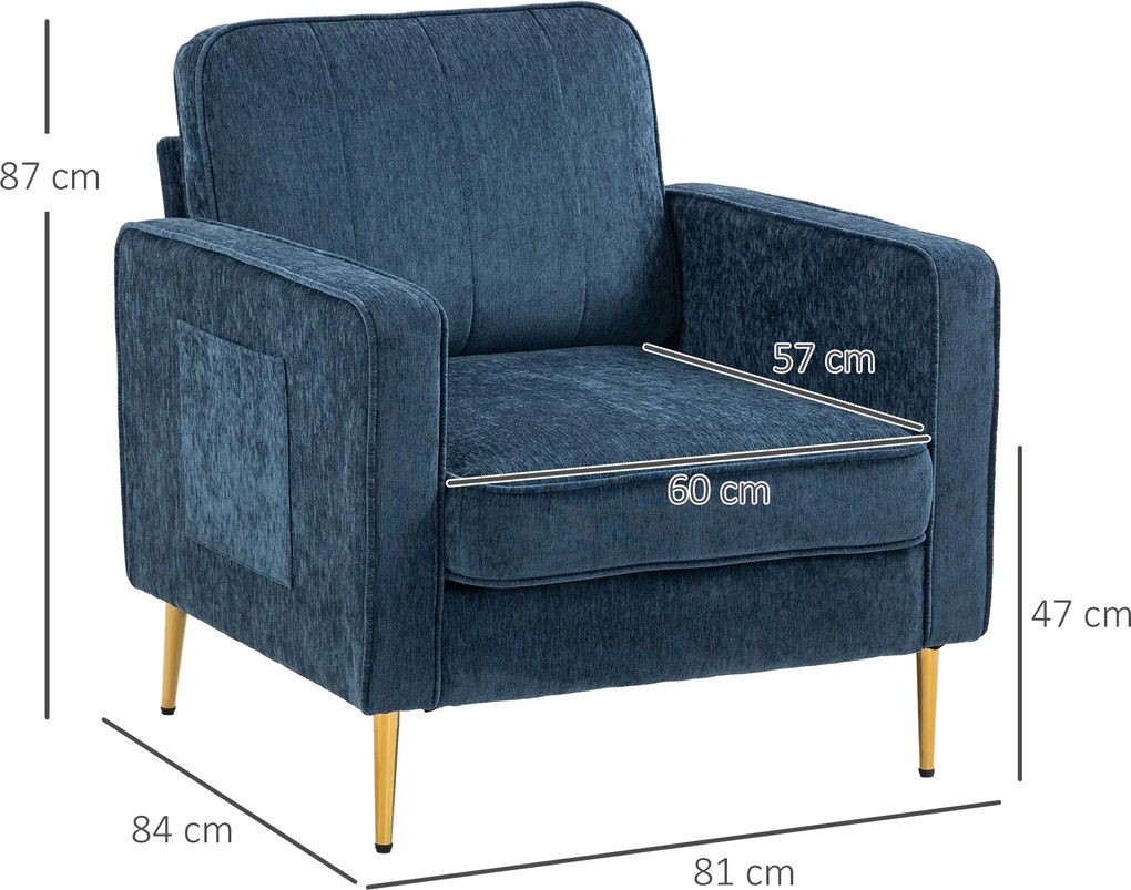 Poltrona em tecido com pés em aço dourado, muito confortável, com bolsos laterais, para sala de estar, escritório, quarto, azul