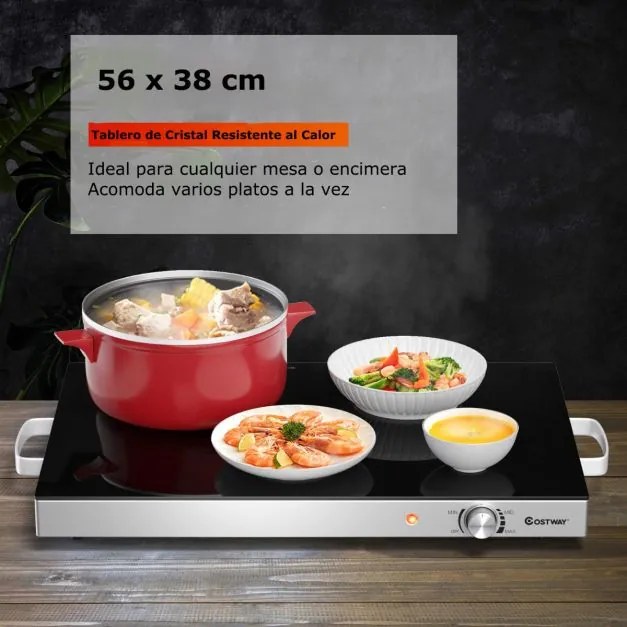 Bandeja aquecedora de aço inoxidável 300 W com tampa de vidro temperado e temperatura ajustável, ideal para buffets, festas e eventos