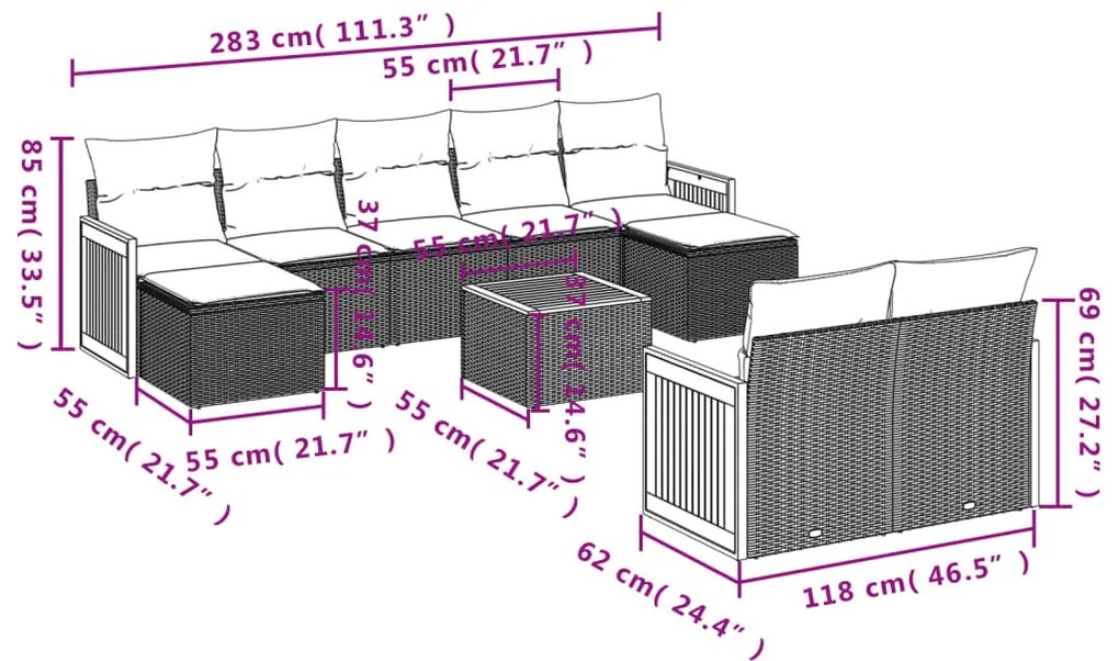 10 pcs conjunto sofás de jardim c/ almofadões vime PE preto