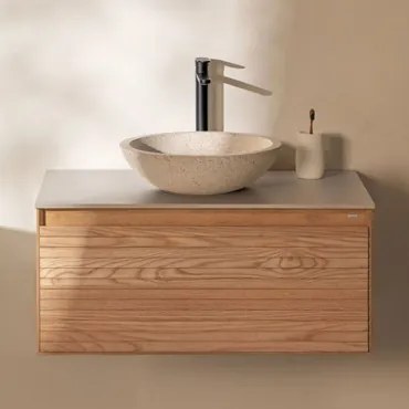 Conjunto De Móvel De Casa De Banho Suspenso Em Madeira De Freixo Tedrik Castanho Fresno & Cimento Redondo Branco Ø40 Cm Zavion & Sem Espelho & - Sklum