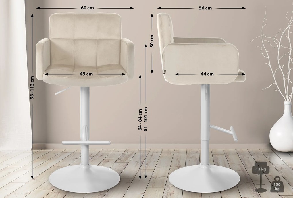 Banco de bar Los Angeles em veludo com estrutura branca 93-113 x 60 x 56 cm Creme