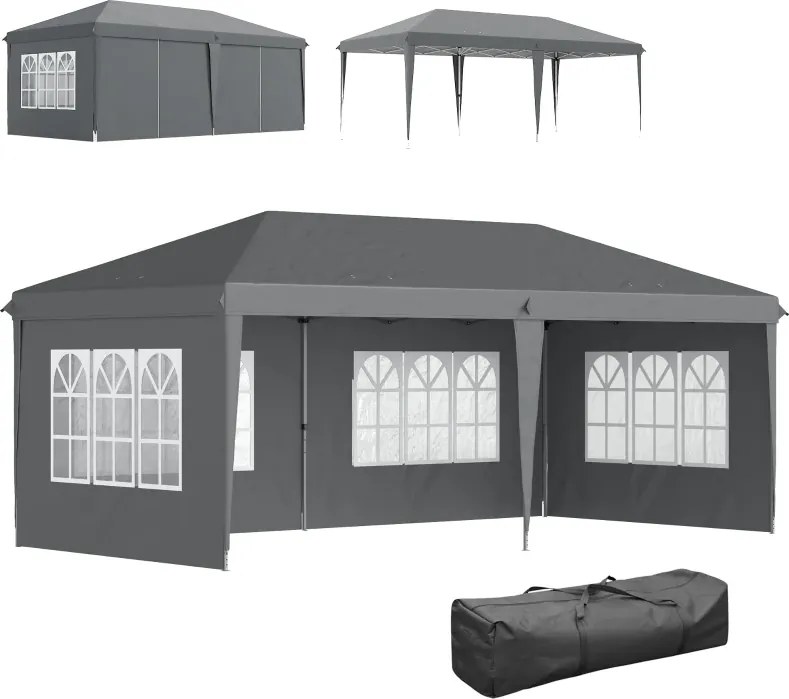 Tenda Dobrável 585x295x270 cm com 4 Paredes Laterais Amovíveis 4 Janelas e Bolsa de Transporte Cinzento