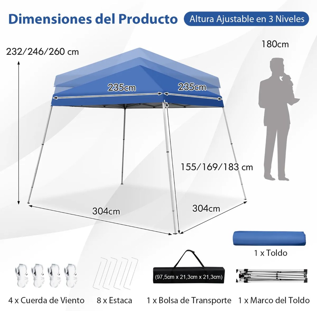 Tenda ao ar livre 3x3m com toldo pop-up com proteção solar de perna inclinada UPF50+ azul