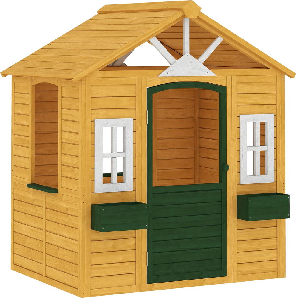 AIYAPLAY Casa de Brincar Infantil Madeira Casa de Jardim Exterior com Porta 3 Janelas 2 Floreiras para Crianças de 3-8 anos 134,5 x 97 x 150 cm Castanho | Aosom Portugal
