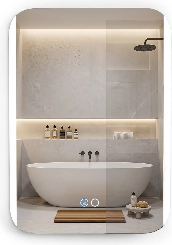 Espelho de Casa de Banho Suspenso, 70 x 50 x 3,5 cm, Luz LED Regulável, Branco