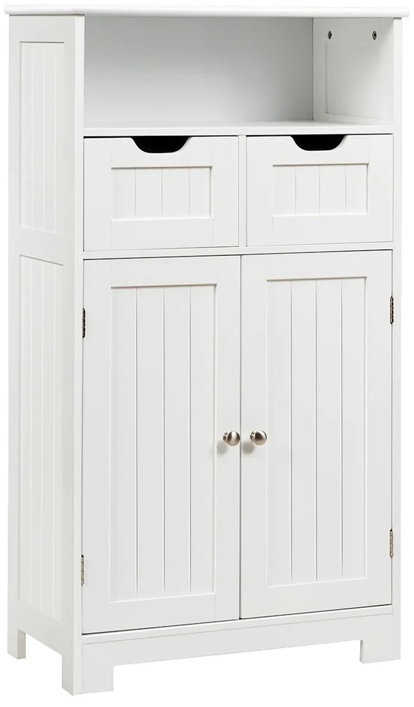 Armário de casa de banho com prateleira aberta 2 portas e 2 gavetas 60 x 30 x 109 cm Branco