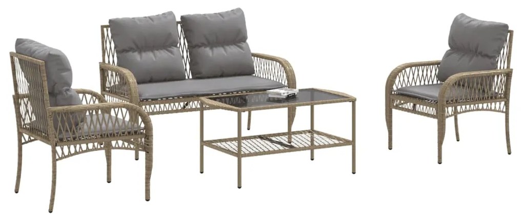 4 pcs conjunto de sofás para jardim c/ almofadões vime PE bege