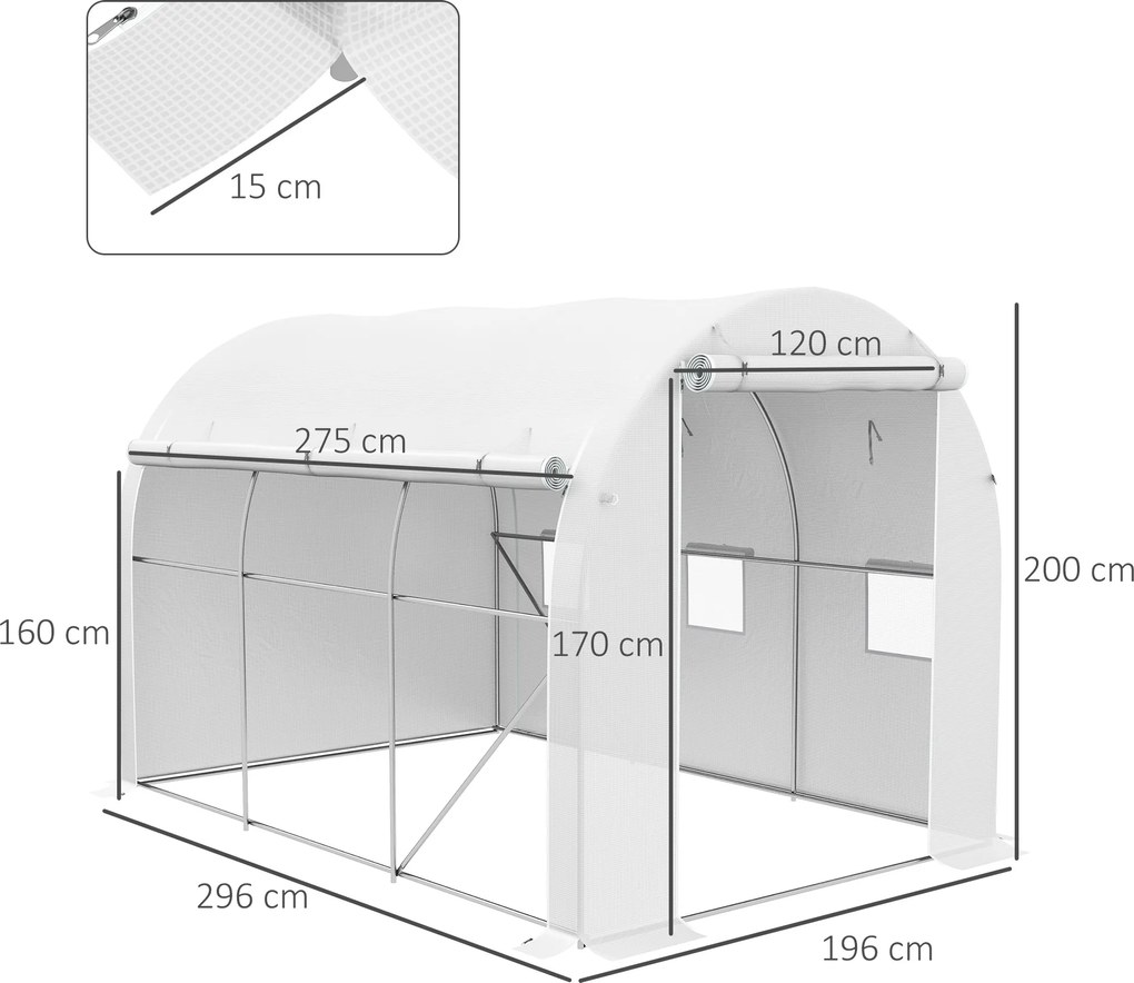 Estufa de jardim com 6 m², dimensões 3 x 2 m, com 1 porta + 2 paredes laterais enroláveis com fecho de correr, 6 janelas, Branco