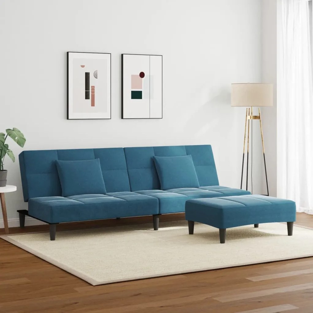 Sofá-cama 2 lugares c/ apoio de pés veludo azul