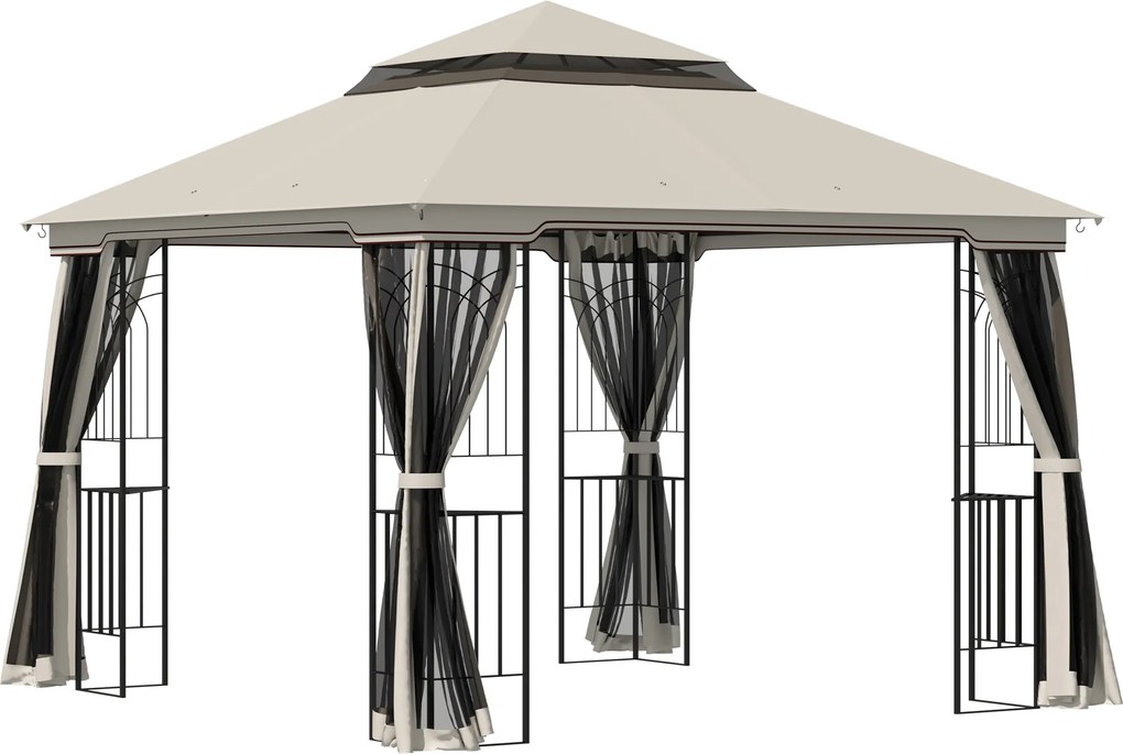 Outsunny Pavilhão de jardim com teto duplo Pavilhão Tenda de jardim Tenda de festa com 4 x parede lateral Metal+Poliéster Bege 2,99 x 2,99 x 2,74 m | Aosom Portugal
