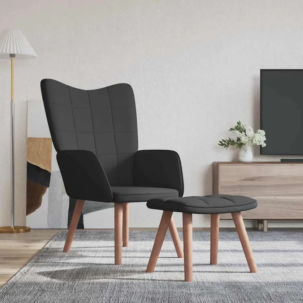 vidaXL Cadeira de descanso com banco PVC e veludo preto